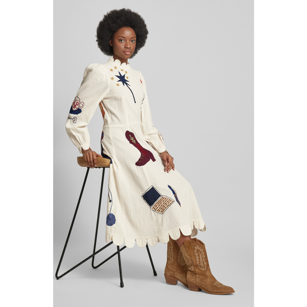 STELLA NOVA IVORY CIRCUS PRINTED APPLIQUE COTTON-SEERSUCKER MIDI DRESS SZ M US 8 - Picture 4 of 16